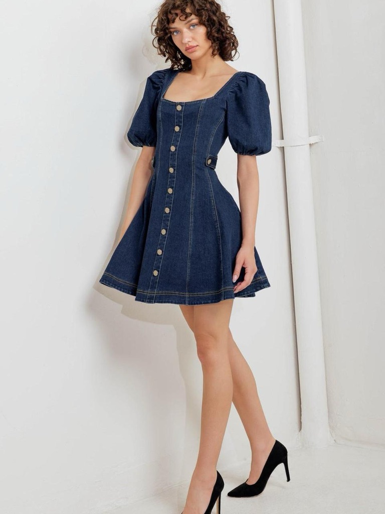 Square-Neck Puff-Sleeve Denim Mini Dress - Dark Blue